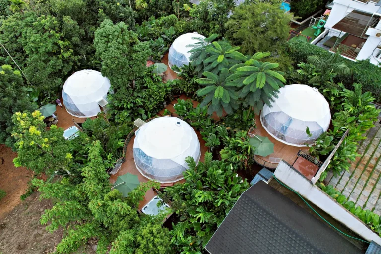 Aerial view of four glamping domes in tropical forest, Wayanad