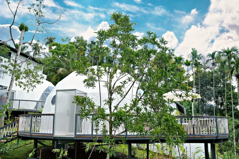 Glamping domes on raised decks among the trees, Sulthan Bathery